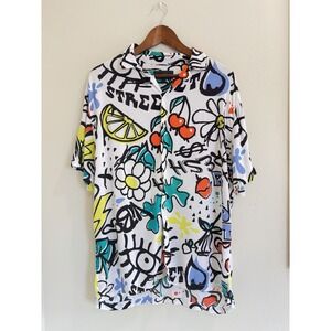 Mens Large Abstract Graphic Button Up Shirt Streetwear Y2K Festival Art Print